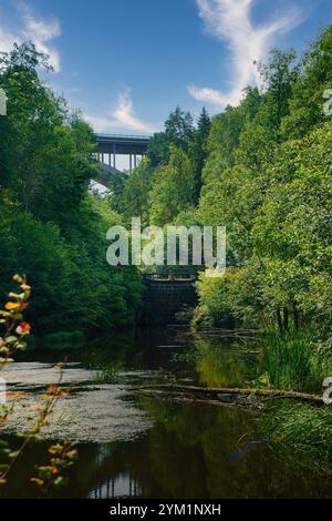 Ein ruhiger Fluss, gesäumt von dichter Vegetation, reflektiert den Himmel mit dramatischen Wolken. Im Hintergrund überquert eine Brücke die von Bäumen umrahmte Landschaft. Stockfoto