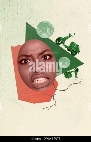 Composite Trend Artwork 3D Skizzenbild Foto Collage der Karikatur im Freien Mondraum Fragment Frau Gesicht wütend zahnig grimmig Stress Stockfoto