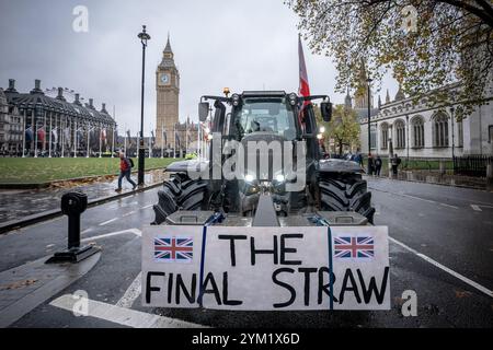 London, Großbritannien. November 2024. Britische Landwirte versammeln sich in Westminster in großer Zahl, um zu marschieren und gegen die bevorstehenden Änderungen der Besteuerung landwirtschaftlicher Grundstücke durch Labour zu protestieren. Die Landwirte reagierten mit Wut über Veränderungen für landwirtschaftliche Betriebe, die die 100%ige Ermäßigung für landwirtschaftliche Betriebe auf nur die ersten 1 Million Pfund an kombiniertem landwirtschaftlichen und gewerblichen Eigentum begrenzen. Guy Corbishley/Alamy Live News Stockfoto