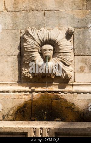 Affenskulptur Gesichtsmaske Auslaufhahn am großen Onofrio-Brunnen/großen Onofrios-Brunnen. Poljana Paska Miličevića qare. Altstadt von Dubrovnik. Kroatien. (138) Stockfoto