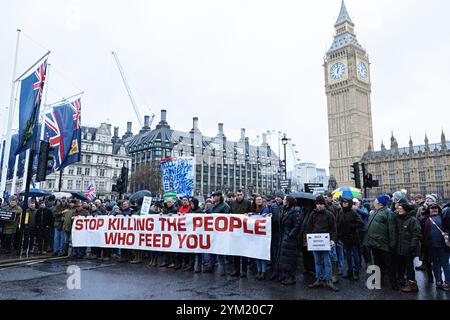 London, Großbritannien. November 2024. Bauern marschieren um den Parlamentsplatz in London, um gegen die Änderung der Erbschaftssteuer der Labour-Regierung zu protestieren. Stockfoto