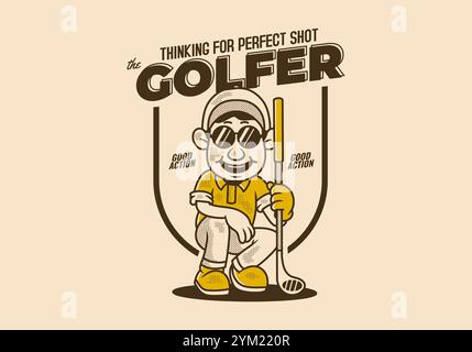 Der Golfer wartet auf den perfekten Schuss. Retro-Charakter eines Golfermannes, der einen Golfstock hält, Illustrationsdesign Stock Vektor