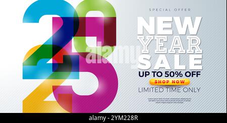 Happy New Year Sale 2025 Design mit bunter Typografie-Nummer auf weißem Hintergrund. Sonderangebot Sonderangebot Kampagne Rabatt für Coupon Stock Vektor