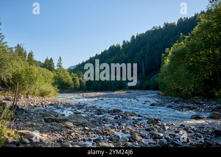 Dieses fesselnde Bild zeigt einen kristallklaren Bergbach, der sich durch ein atemberaubendes Alpental schlängelt. Im Vordergrund befindet sich ein felsiger Fluss Stockfoto