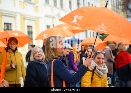 Magdeburg, Deutschland. November 2024. Eva von Angern (die Linke) streckt vor dem landtag einen orangefarbenen Regenschirm. Mit der Aktion des Landesfrauenrates Sachsen-Anhalt zum Internationalen Tag gegen Gewalt gegen Frauen soll auf die Notwendigkeit hingewiesen werden, das Gewaltbeihilfegesetz auf Bundesebene zu verabschieden. Die Regenschirme symbolisierten den Schutz vor Gewalt gegen Frauen. Quelle: Klaus-Dietmar Gabbert/dpa/Alamy Live News Stockfoto