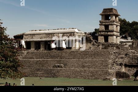 Antike Maya-Ruinen von Palenque, Chiapas, Mexiko - Steintempel und Dschungel-Umgebung an dieser archäologischen Stätte, die zum UNESCO-Weltkulturerbe gehört. Stockfoto