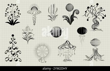 Fremde Pflanzen. Bleistiftzeichnung. Eine lineare, minimalistische Vektor-Illustration, eine Reihe von außerirdischen Blumen und Bäumen. Um einen fantastischen Garten zu schaffen Stock Vektor