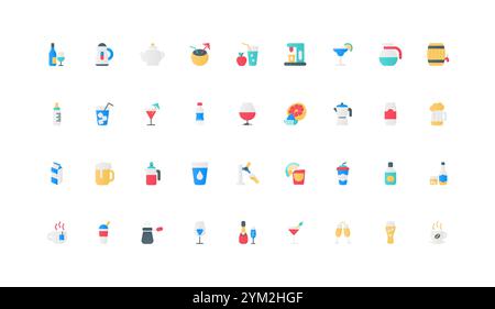 Warme und kalte Getränke von Bar und Café-Menü, Tee mit Dampf und Kaffeepause Farbset. Getränke in Flasche und Take-away-Tasse, Soda-Wasser-Dose und Saft, Alkohol flache Elemente Vektor-Illustration Stock Vektor