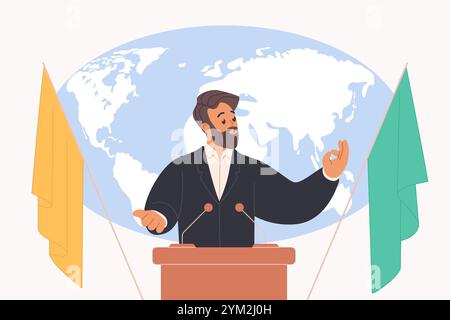 Regierungschef oder Diplomat, männlicher Politiker, der auf dem Podium auf einem internationalen Treffen spricht. Politische öffentliche Rede des jungen Mannes Redner auf Weltkarte und Land Fahnen Karikaturvektor Illustration Stock Vektor