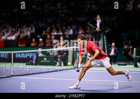 Malaga, Spanien. November 2024. Gabriel Diallo von der kanadischen Mannschaft im Kampf gegen Daniel Altmaier aus Deutschland (nicht in Sicht) im Viertelfinale Davis Cup Finale 8 Singles Match 1. Martin Carpena Arena. Daniel Altmaier gewann am 6. Juli 6/4 Credit: SOPA Images Limited/Alamy Live News Stockfoto