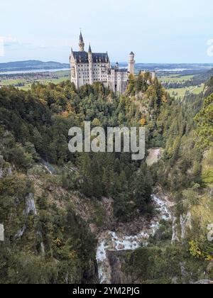 Schloss Neuschwanstein, ein märchenhaftes Schloss inmitten eines üppig grünen Waldtals, umgeben von einem üppig grünen Wald und einem fließenden Fluss in einer Ma Stockfoto