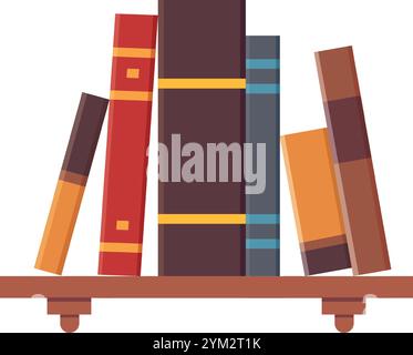 Bunte Bücher stehen und lehnen sich auf einem kleinen Holzregal, was eine gemütliche und einladende Atmosphäre zum Lesen und Lernen schafft Stock Vektor