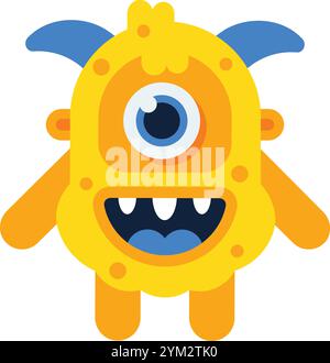 Niedliches, gelbes, einäugiges Monster mit blauen Hörnern lächelt, Zähne zeigt, auf kurzen Beinen steht. Perfekt für verspielte Designs Stock Vektor
