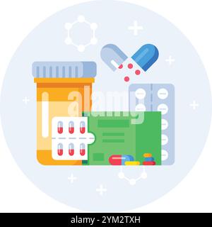 Farbenfrohe Illustration, die verschiedene Formen von Medikamenten zeigt, einschließlich Blisterpackungen, Pillen-Flaschen und lose Pillen, die das pharmazeutische i symbolisieren Stock Vektor