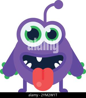 Lustiger lila Alien-Charakter mit großen grünen Augen, Antenne und verspieltem Ausdruck, der aus der Zunge herausragt, ideal für Kinderbücher, Spiele oder andere Spiele Stock Vektor