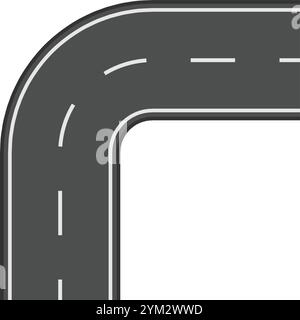 Kurvige Straße mit weißen gestrichelten Linien, die eine 90°-Kurve auf weißem Hintergrund isoliert machen, wodurch eine einfache, aber effektive Darstellung eines c entsteht Stock Vektor