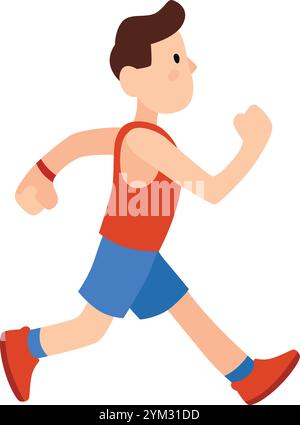 Der junge Mann läuft, trägt ein rotes ärmelloses Hemd und blaue Shorts und fördert die Vorteile körperlicher Aktivität für das allgemeine Wohlbefinden Stock Vektor