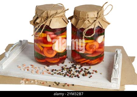 Zwei Gläser mit eingelegtem fermentiertem Gemüse auf einem weißen Holztablett mit Pfefferkörnern verstreut Stockfoto