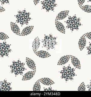 Dekorative ornamentale Halbton-florale nahtlose Vektormuster. Hintergrund verstreuter handgezeichneter Blüten mit Halbtonpunkten. Hintergrund mit strukturiertem Hintergrund Stock Vektor