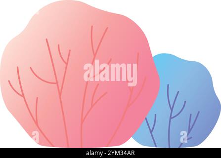 Zwei abstrakte Büsche, ein rosa und ein blaues, stehen nebeneinander, ihre leuchtenden Farben bilden einen auffälligen Kontrast zu einem sauberen weißen Hintergrund Stock Vektor