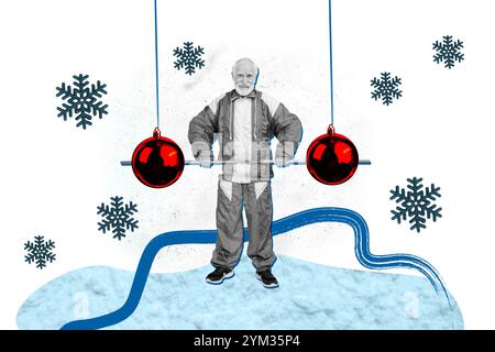 Collage schwarz-weißes Gammabild des funky Reifen starken Mannes, der Gewicht hebt zwei rote Spielzeuge isoliert auf zeichnendem Hintergrund Stockfoto