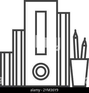 Büromaterialien wie Ringordner, Bücher und Bleistifte in einem Becher sind ordentlich angeordnet, was auf einen organisierten und produktiven Arbeitsplatz hindeutet Stock Vektor