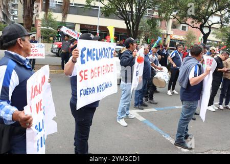 EMELNORTE ARBEITER Quito , Mittwoch, 20. November 2024 Arbeiter von Emelnorte, einem Elektrizitätsunternehmen, das Dienstleistungen für einen Teil von Pichincha, Imbabura und Carchi bietet, gingen zum Energieministerium in Quito, um zu protestieren, Akte der Korruption und Vetternwirtschaft in der Firma Benito JimÃ nez, Sekretär der Arbeiter Fotos API Rolando Enriquez Quito Pichincha Ecuador POL TRABAJADORES Stockfoto