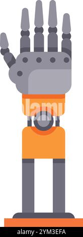 Roboterarm mit geöffneter Handbewegung, orange und grau, in einem flachen Design, das moderne Technologie und Automatisierung vermittelt Stock Vektor