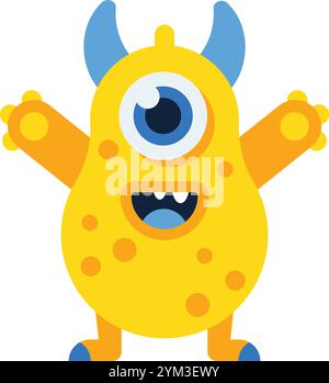 Cartoon-Illustration eines fröhlichen gelben Monsters mit einem einzigen großen Auge, blauen Hörnern und offenen Armen, die ein Gefühl von Spaß und Freundlichkeit vermitteln Stock Vektor