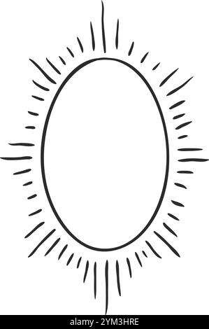 Handgezeichneter ovaler Rahmen mit Sonnenstrahlen, perfekt für Designprojekte. Retro-Stil in Schwarz und weiß, vielseitig für Mode, Hochzeit und mehr Stock Vektor