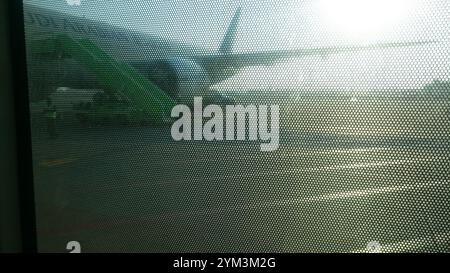Blick auf das kommerzielle Flugzeug vom Fenster aus Stockfoto