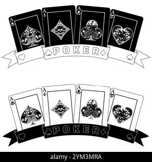 Pokerkarten umgeben von einem Band, Pokersymbole mit Herz, Diamant, Schläger und Ass mit verschiedenen Schädeldesigns Stock Vektor