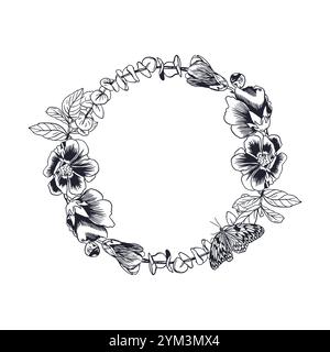 Blumenkranz mit Schmetterling in Tinte. Malvenblüten, Anemonen, Eukalyptusblüten. Handgezeichnete Vektorillustration im grafischen Stil. Zum Geburtstag Gruß ca. Stock Vektor