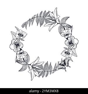 Blumenkranz mit Lilien, Farn, Schmetterling in Tinte. Handgezeichnete Vektorillustration im grafischen Stil. Für Geburtstagsgrußkarten, Valentinstag, Invit Stock Vektor