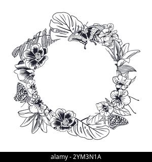 Tropischer Kranz mit Blumen, Farn- und Monsterablättern, Schmetterlingen in Tinte. Handgezeichnete Vektorillustration im grafischen Stil. Für Geburtstagskarten, Valen Stock Vektor