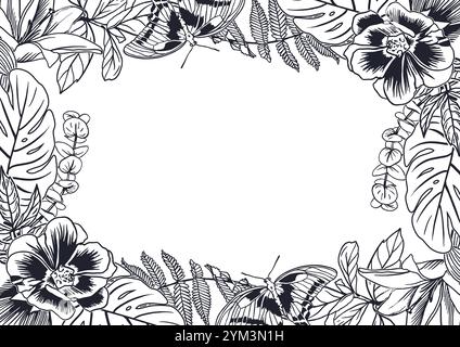 Blumenrahmen, Tinte. Tropische Blätter von Monstera Palme, Farn, Anemonen, Schmetterlingen. Handgezeichnete Vektorillustration im grafischen Stil. Für Grußkarten, Stock Vektor