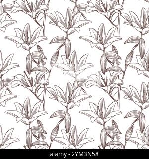 Nahtloses Lilienmuster in Tinte. Hand gezeichnete Vektor-Illustration von Blumen und Blättern im grafischen Stil. Für Textilien, Gewebe, Abdeckungen, Verpackungen, Wallpap Stock Vektor