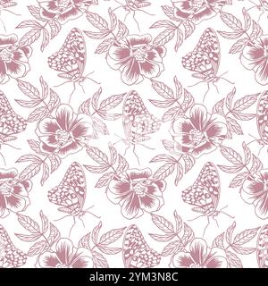 Zartes, nahtloses Muster mit Blumenmuster in Tinte. Hagebutte, Schmetterlinge. Handgezeichnete Vektorillustration im grafischen Stil. Für Textilien, Gewebe, Abdeckungen, Verpackungen Stock Vektor