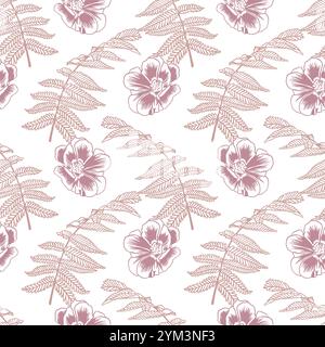 Nahtloses tropisches Muster. Farnblätter und Blumen. Handgezeichnete Vektorillustration im grafischen Stil. Für Grußkarten, Einladungen, Verpackungen, Texte Stock Vektor