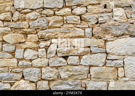 Hintergrund einer gestapelten Mauer aus Naturstein oder Sandstein in Südfrankreich. Detailliertes Steintexturbild in Beige, Braun und Grau Stockfoto