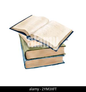 Ein Stapel Bücher mit einem offenen Buch mit gelben Seiten darauf. Digitale Illustration mit Aquarell. Alte Bücher stapeln sich auf einem Stapel, isoliert auf einem weißen Hintergrunde Stockfoto