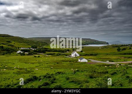 Verlassene Straße durch Küstenlandschaft mit Schafen und Hütten an der Atlantikküste der Isle of Skye in Schottland, Großbritannien Stockfoto