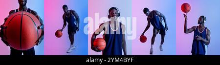 Ein Basketballspieler zeigt seine Fähigkeiten in einem farbenfrohen Studio-Setting Stockfoto