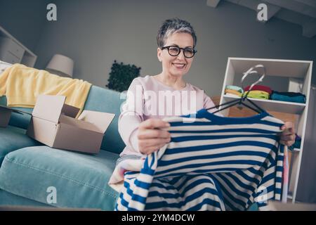 Foto einer hübschen fröhlichen Dame tragen rosa Sweatshirt genießt es, neue Kleiderbestellungen im Haus im Zimmer zu bekommen Stockfoto