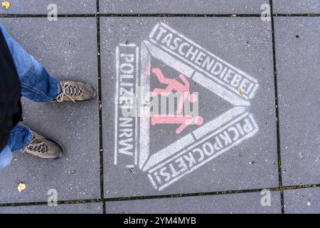 Warnung vor Taschendiebstahl, auf den Bürgersteig gesprüht, Aktion der Polizei NRW, an besonders gefährdeten Stellen, wie hier beim Drachenfels-Zug Stockfoto