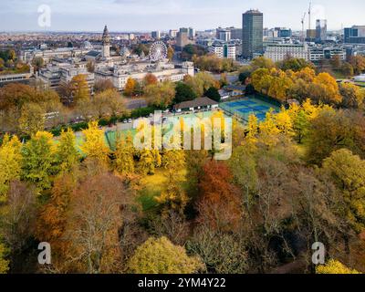 Blick aus der Vogelperspektive auf die spektakulären Herbstblätter und das Stadtzentrum von Cardiff (Wales) Stockfoto