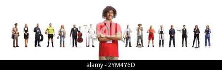 Ladenassistent steht vor Menschen mit verschiedenen Berufen isoliert auf weißem Hintergrund, Karrierewahlkonzept Stockfoto