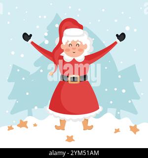 Mrs. Claus winkt in rotem Weihnachtskleid, Vector Stock Vektor