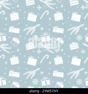 Nahtloses Weihnachtsmuster mit Geschenkboxen. Winter-Schwarzweißhintergrund. Vektorillustration im Doodle-Stil Stock Vektor