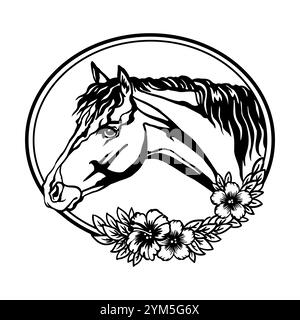 Pferdekopf mit Blumen und Blättern. Vektorabbildung. Handgezeichneter Stil. Vorlagen für Laserschneiden, Kartendesign, Innenraum und Weihnachtsbaum d Stock Vektor